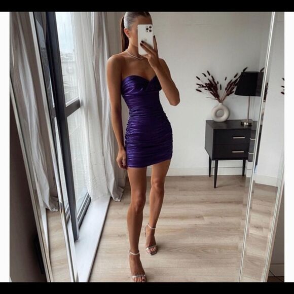 Zara purple metallic draped strapless sweetheart minidress Sz S NWT New with tag - Picture 5 of 12